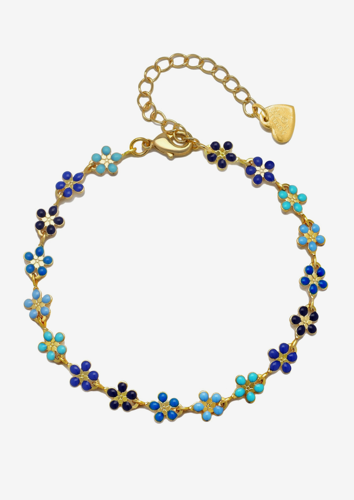 A gold bracelet with allover small enameled flowers in blue mix.