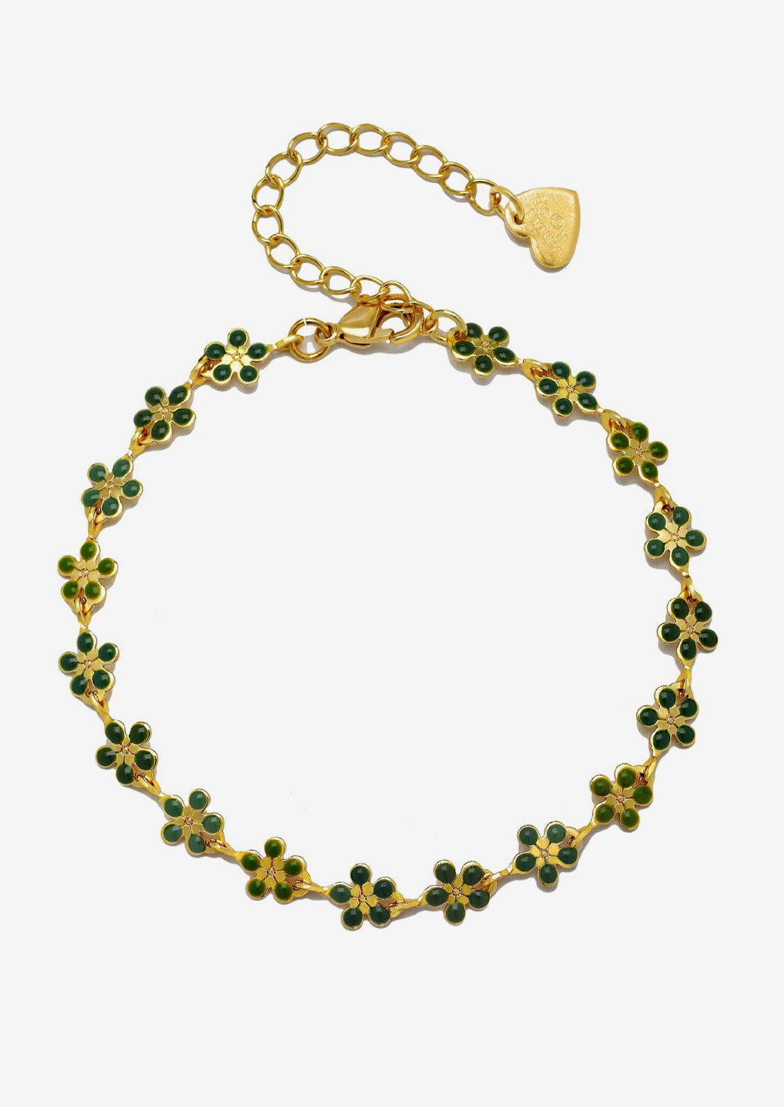A gold bracelet with allover small enameled flowers in green.
