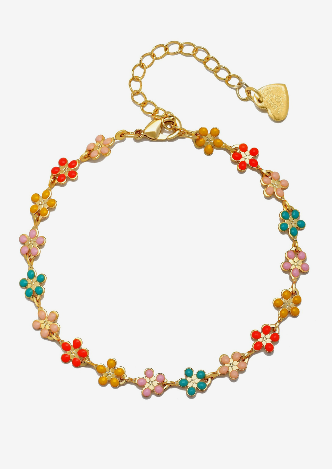 A gold bracelet with allover small enameled flowers in multicolor.
