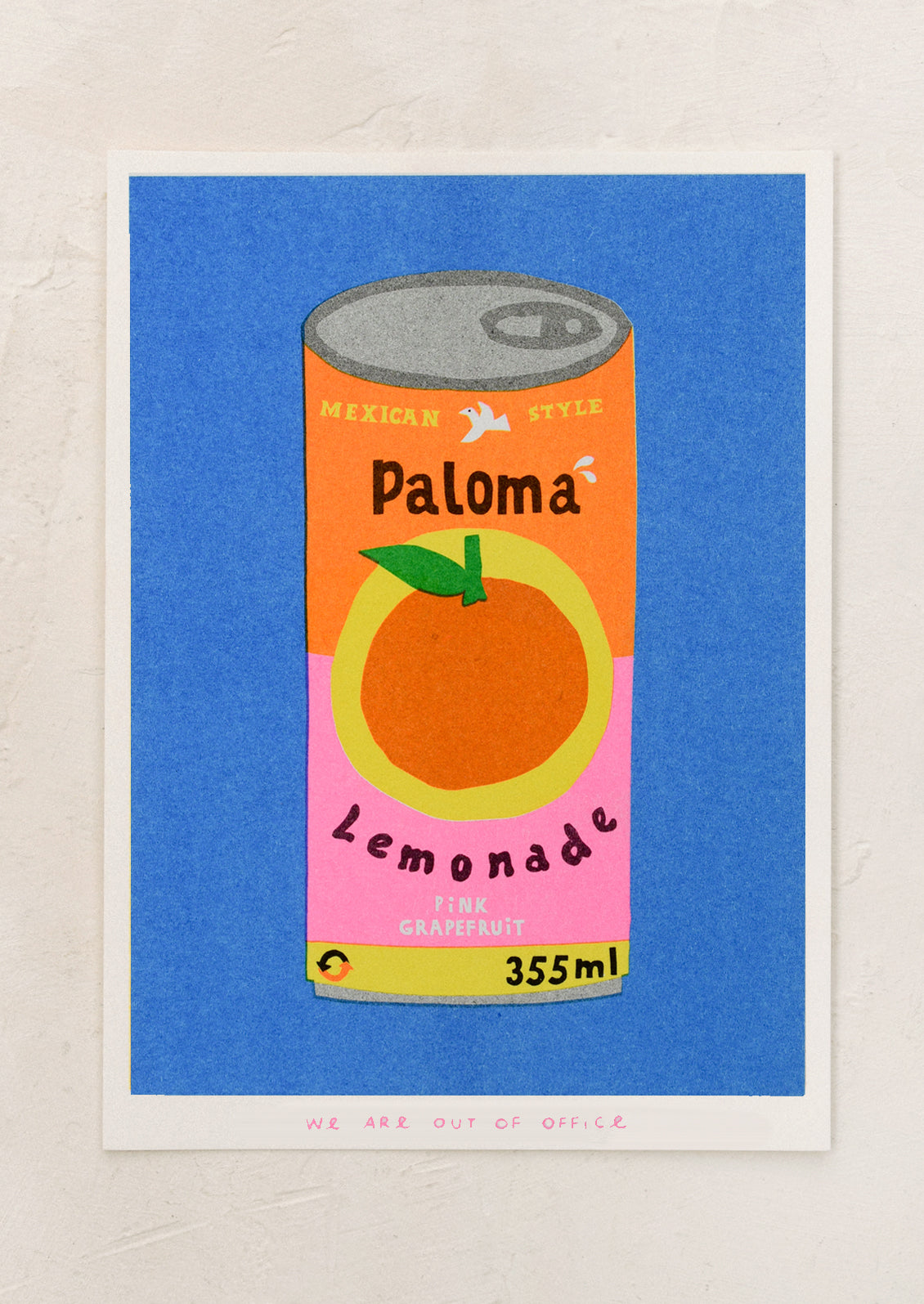 A risograph art print of can of lemonade on blue background.