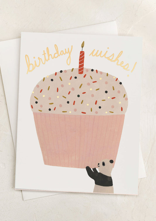 A card with panda holding up giant cupcake, text reads "Birthday wishes!".