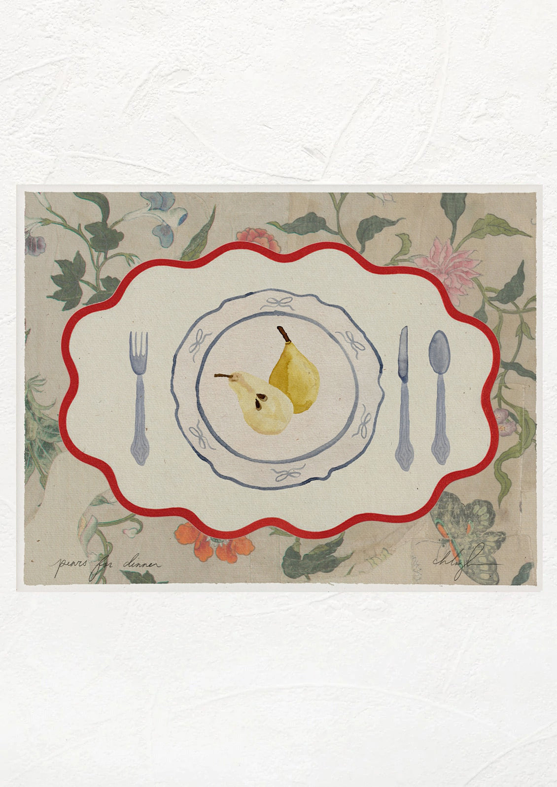 An art print depicting two pairs on a plate with floral background.