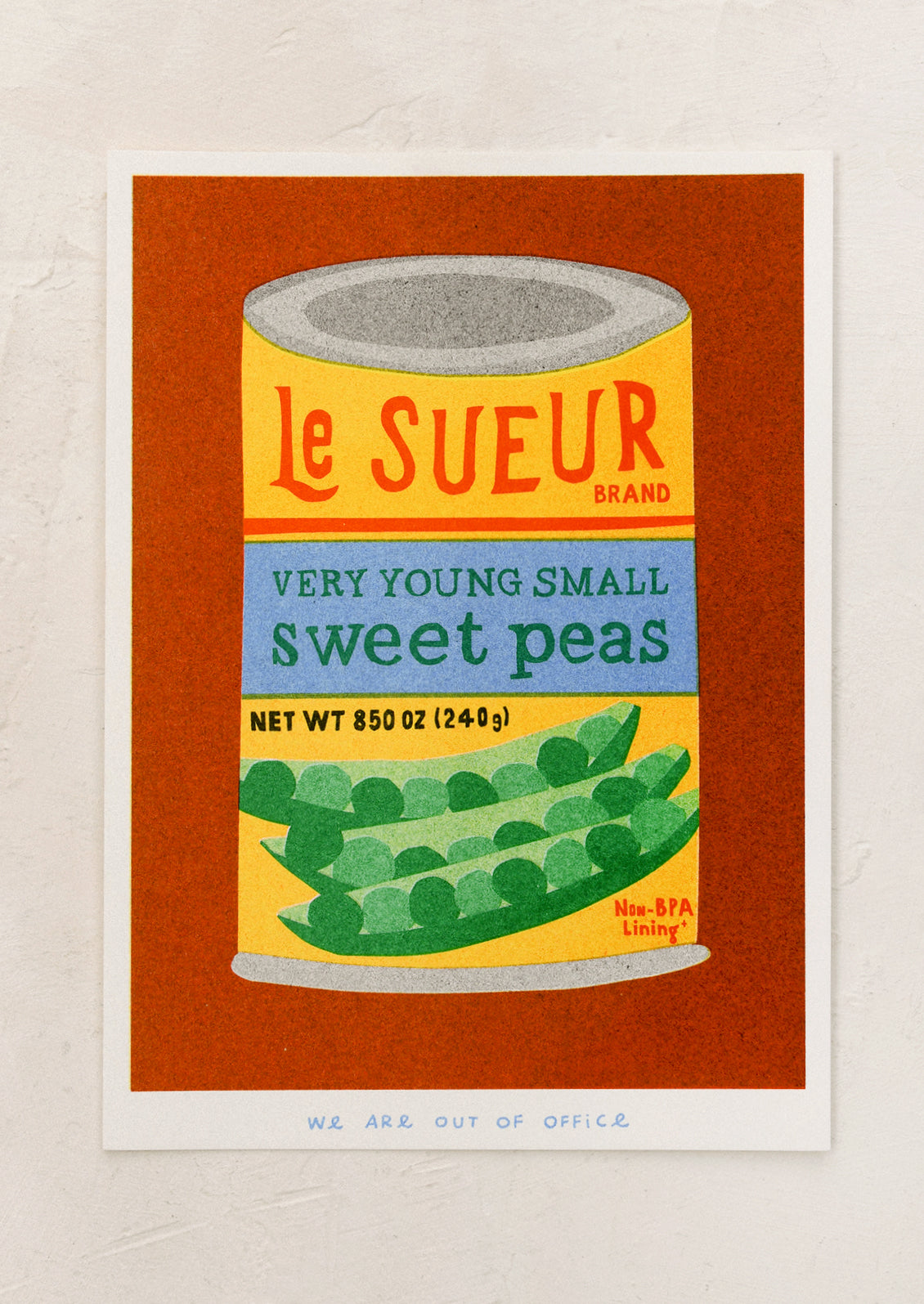 A risograph art print of can of green peas on rust colored background.