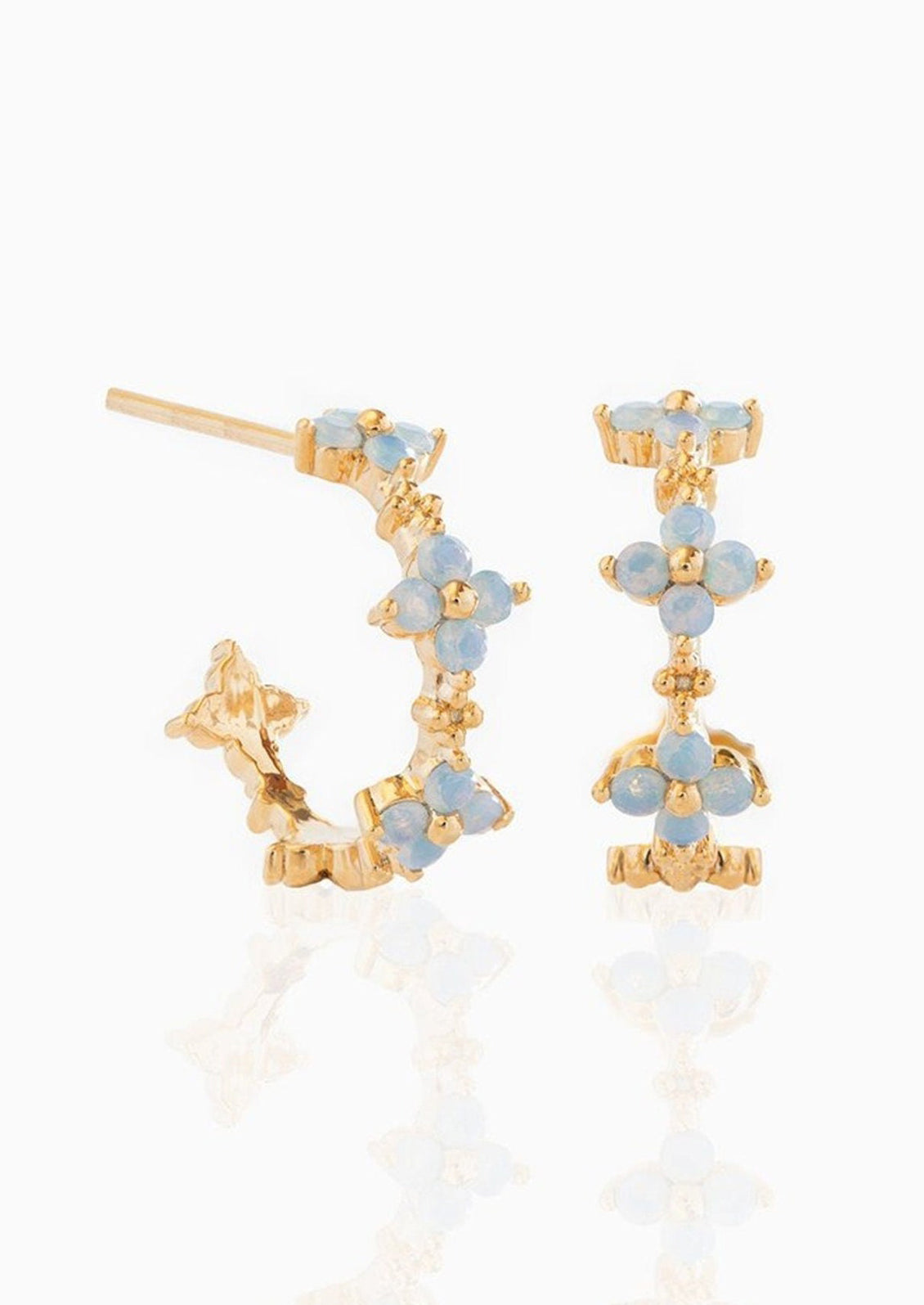 A pair of gold hoop earrings with periwinkle opal blue flowers.