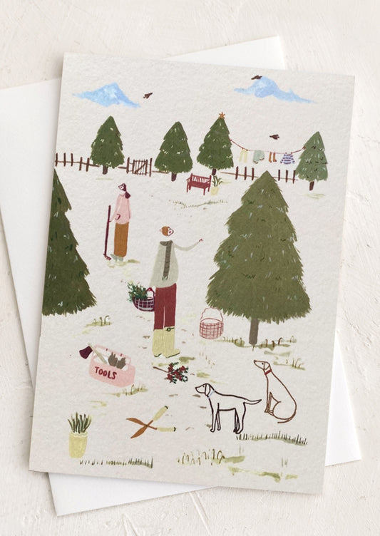 An illustrated card depicting two people doing outdoor winter chores.