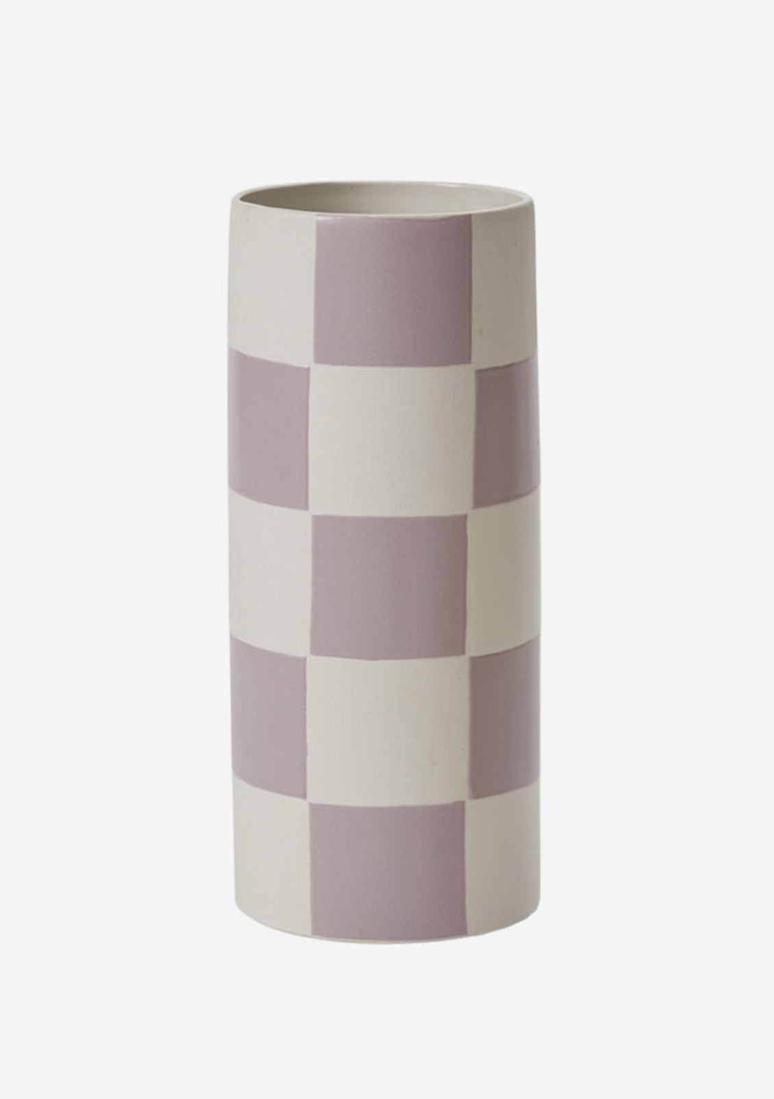 A tall cylindrical ceramic vase in white with lavender checker pattern.