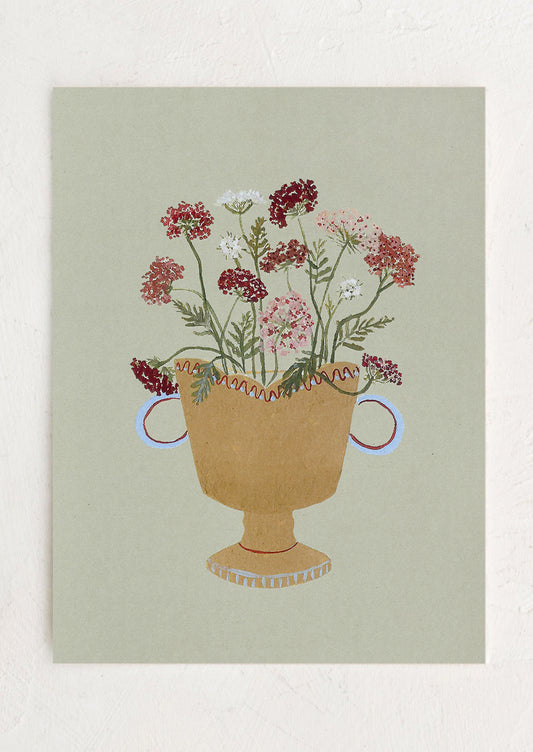 An art print of a painting of queen anne's lace in a planter, on sage green background.