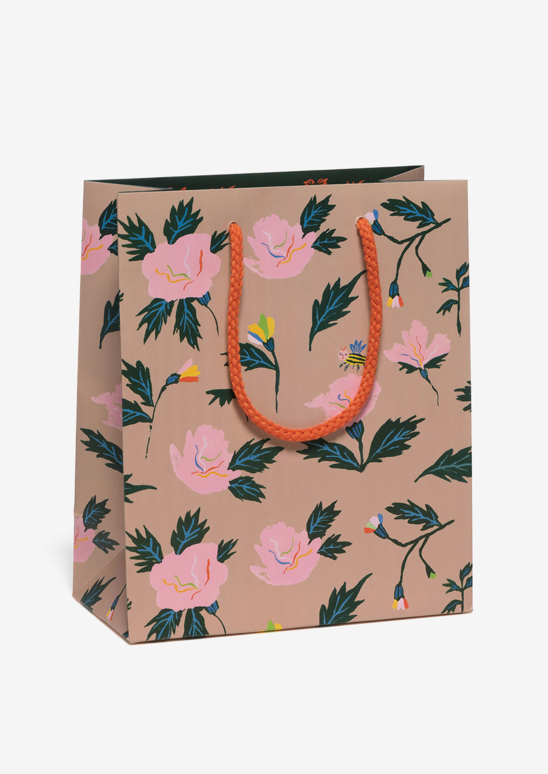 A printed gift bag with rose and bug print on tan background.