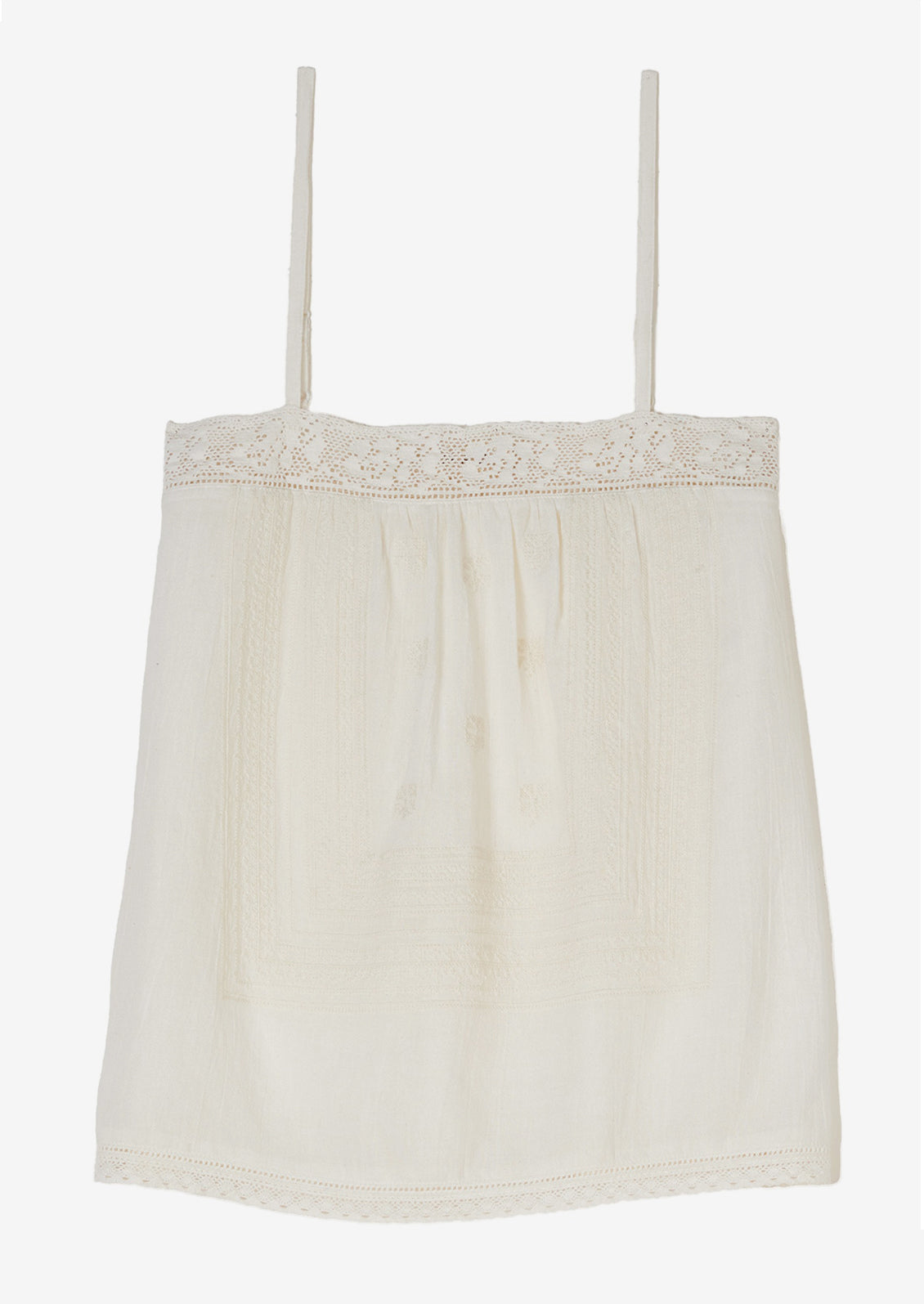 A white square neck tank top with thin straps, embroidered lace detailing.