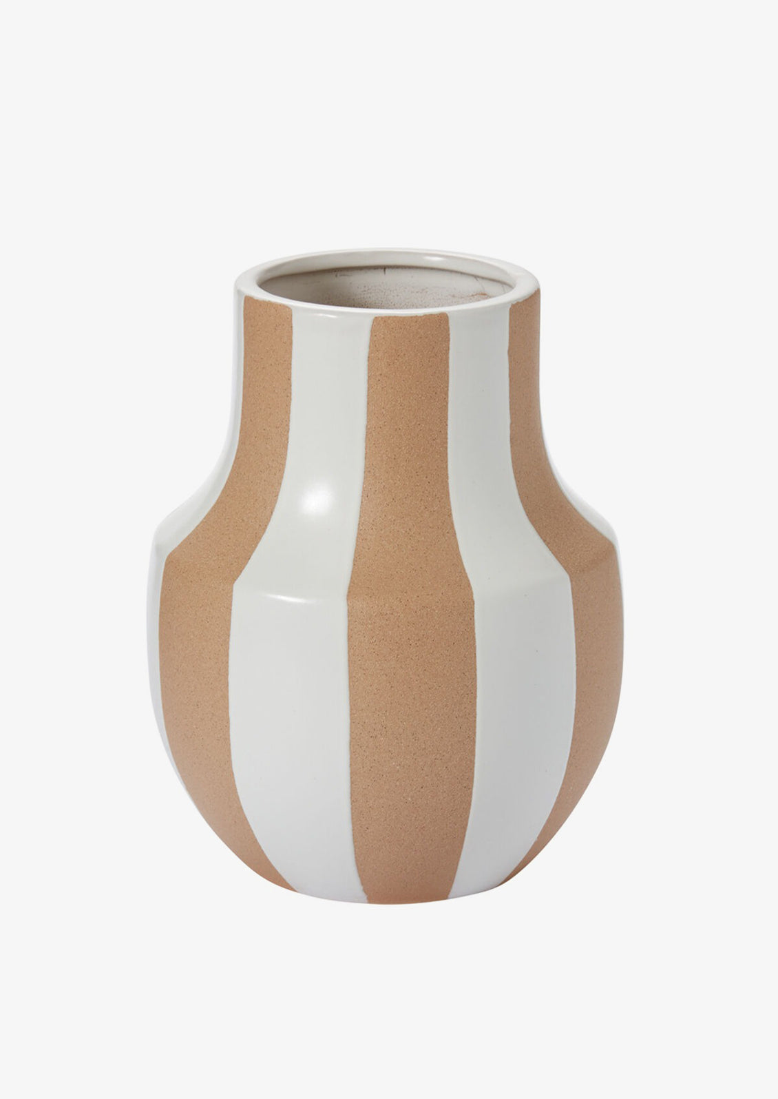 A sand ceramic vase with vertical white stripes and sculptural shape.