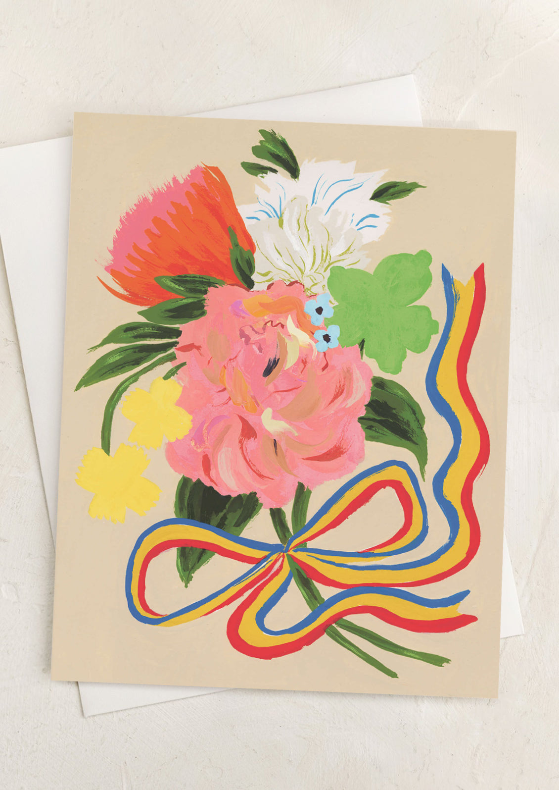 A card with illustration of floral bouquet tied with ribbon.