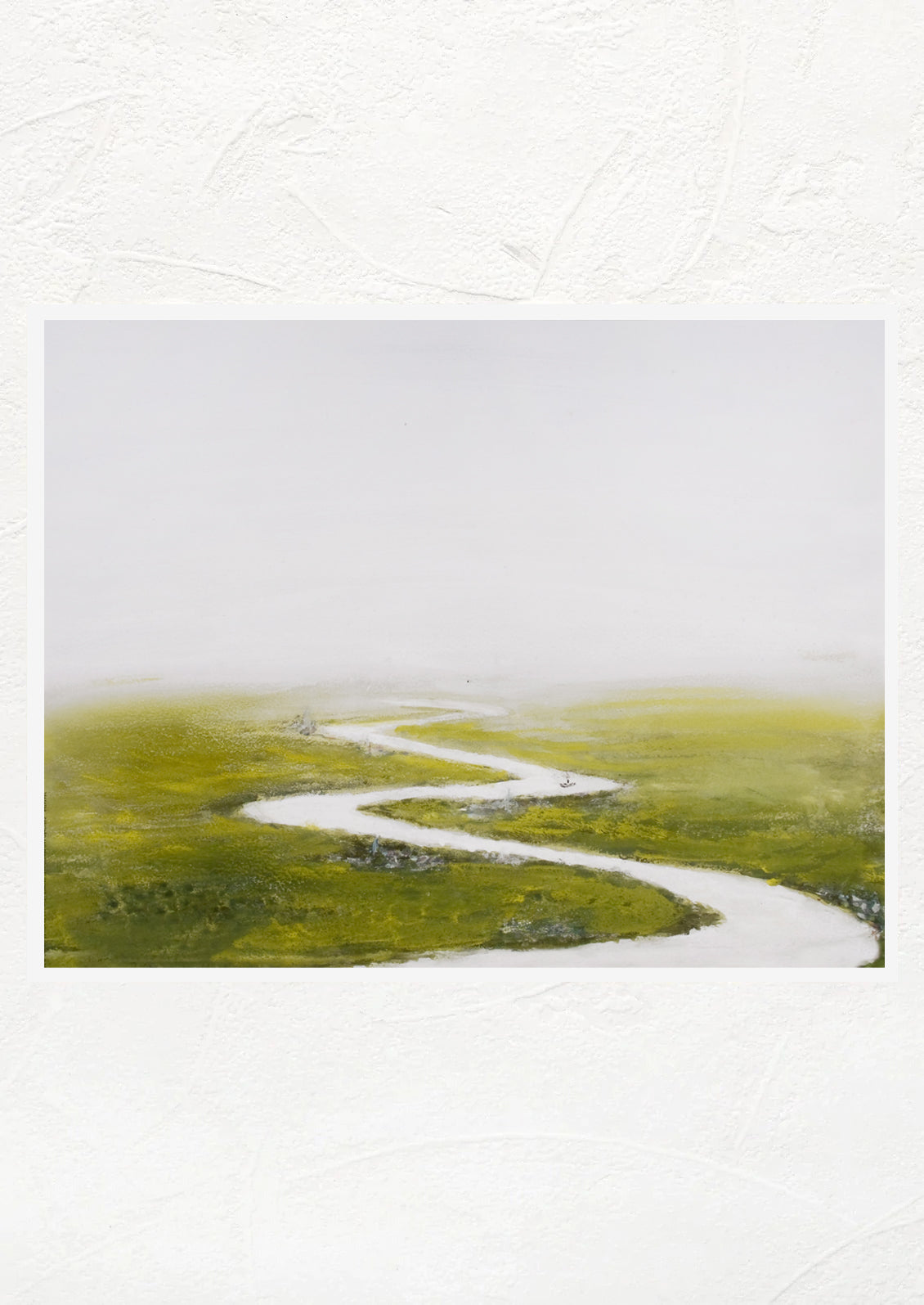 An art print of original painting depicting white river through green flatland.