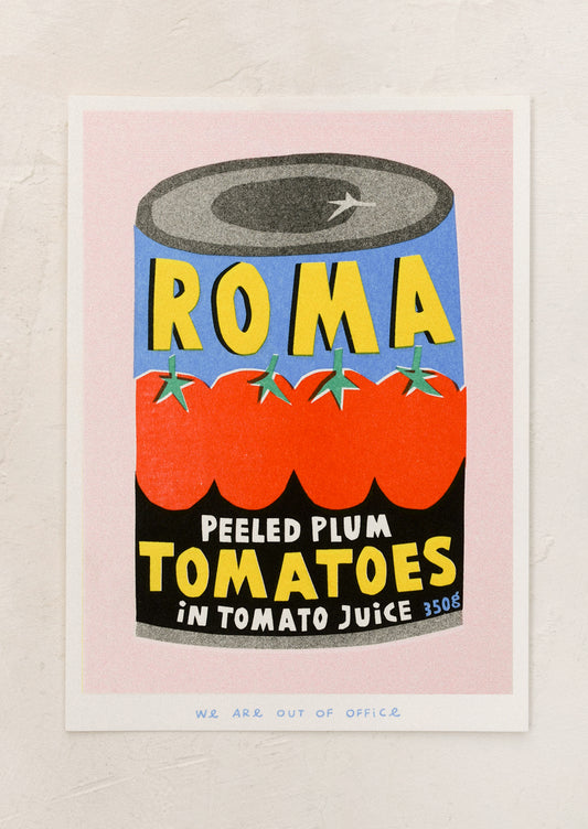 A risograph art print of can of roma tomatoes on light pink background.