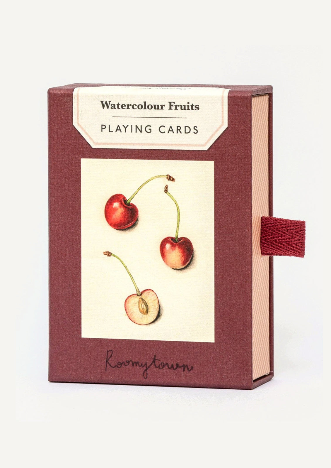 Fruit illustrated standard playing cards in a box.