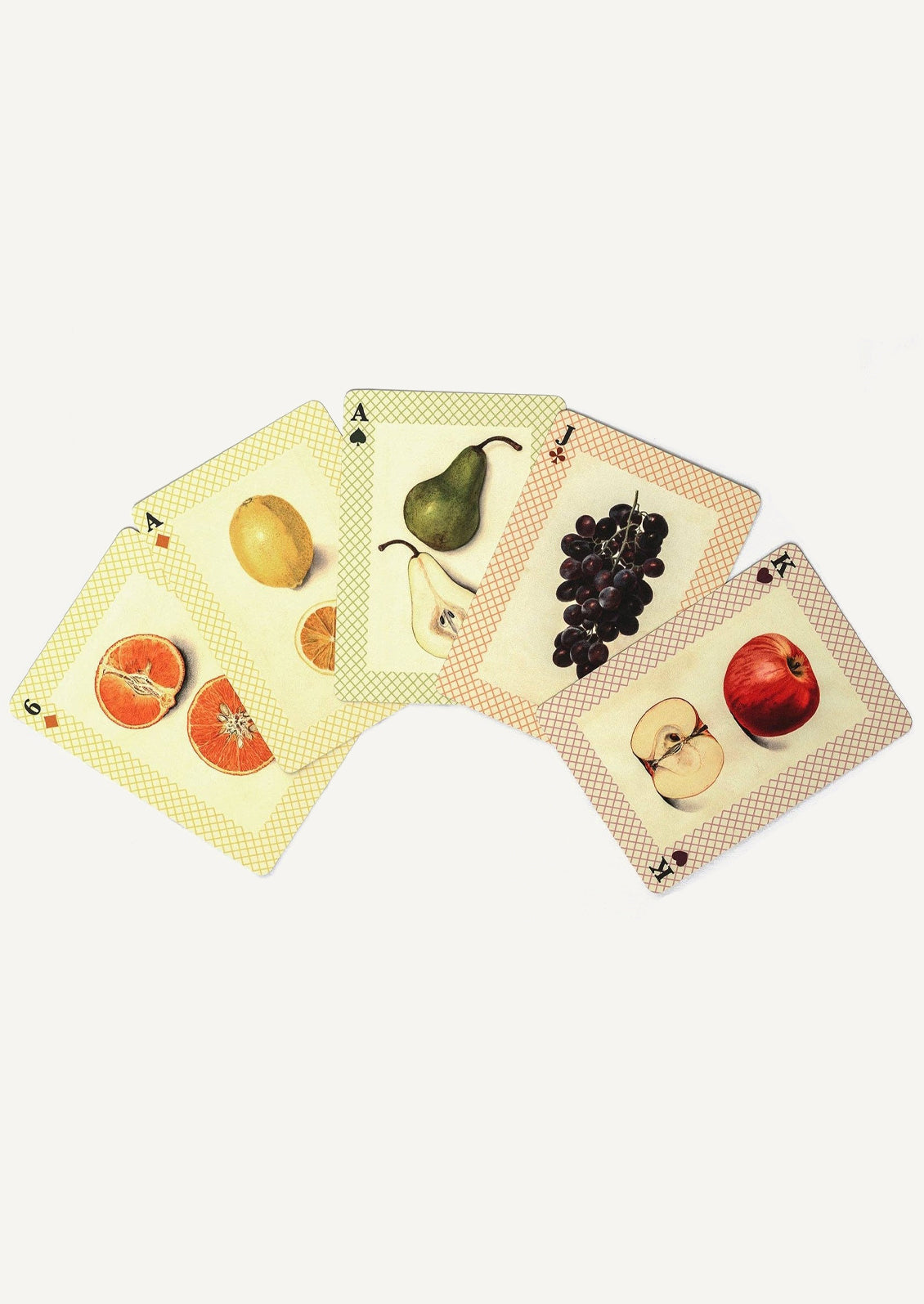 Fruit illustrated standard playing cards in a box.