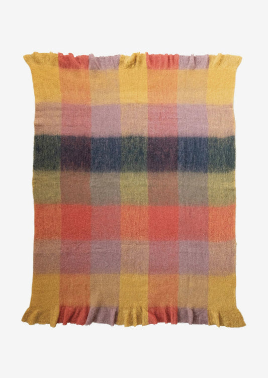 A multicolor checker print fuzzy throw with eyelash fringe trim.