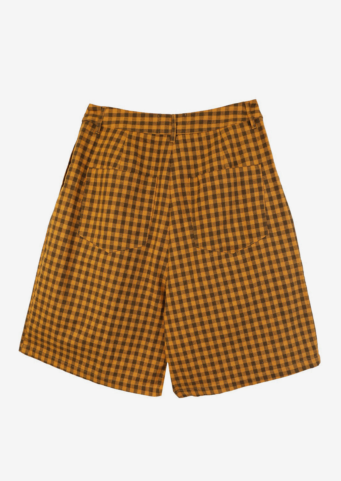 A pair of long, pleat front shorts in brown and mustard gingham.
