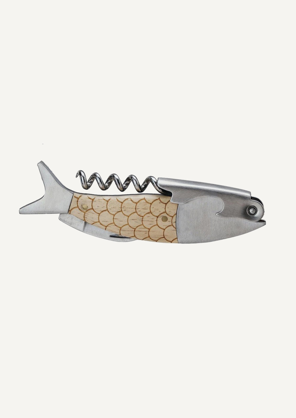 A fish shaped corkscrew/wine bottle opener with oak wood handle.