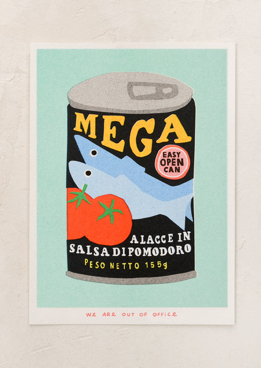 A risograph art print of can of sardines on mint background.