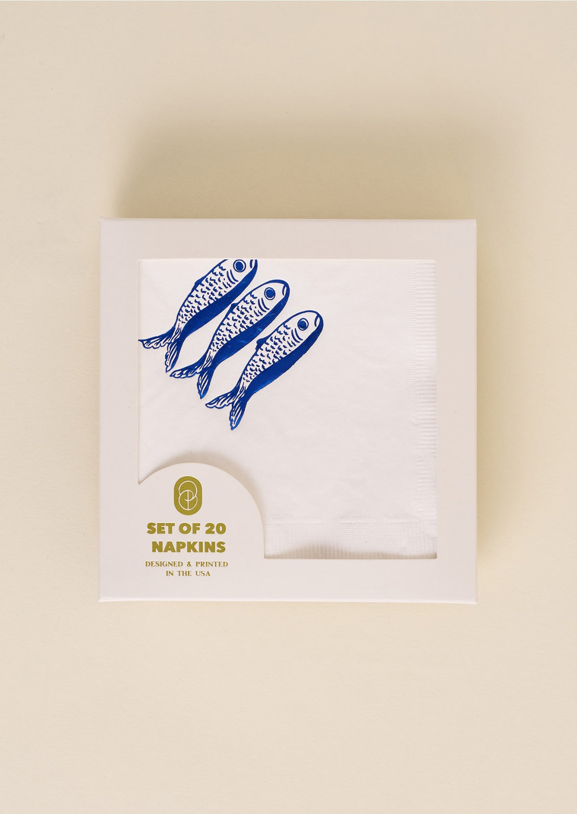 Blue sardine print on white paper napkins.