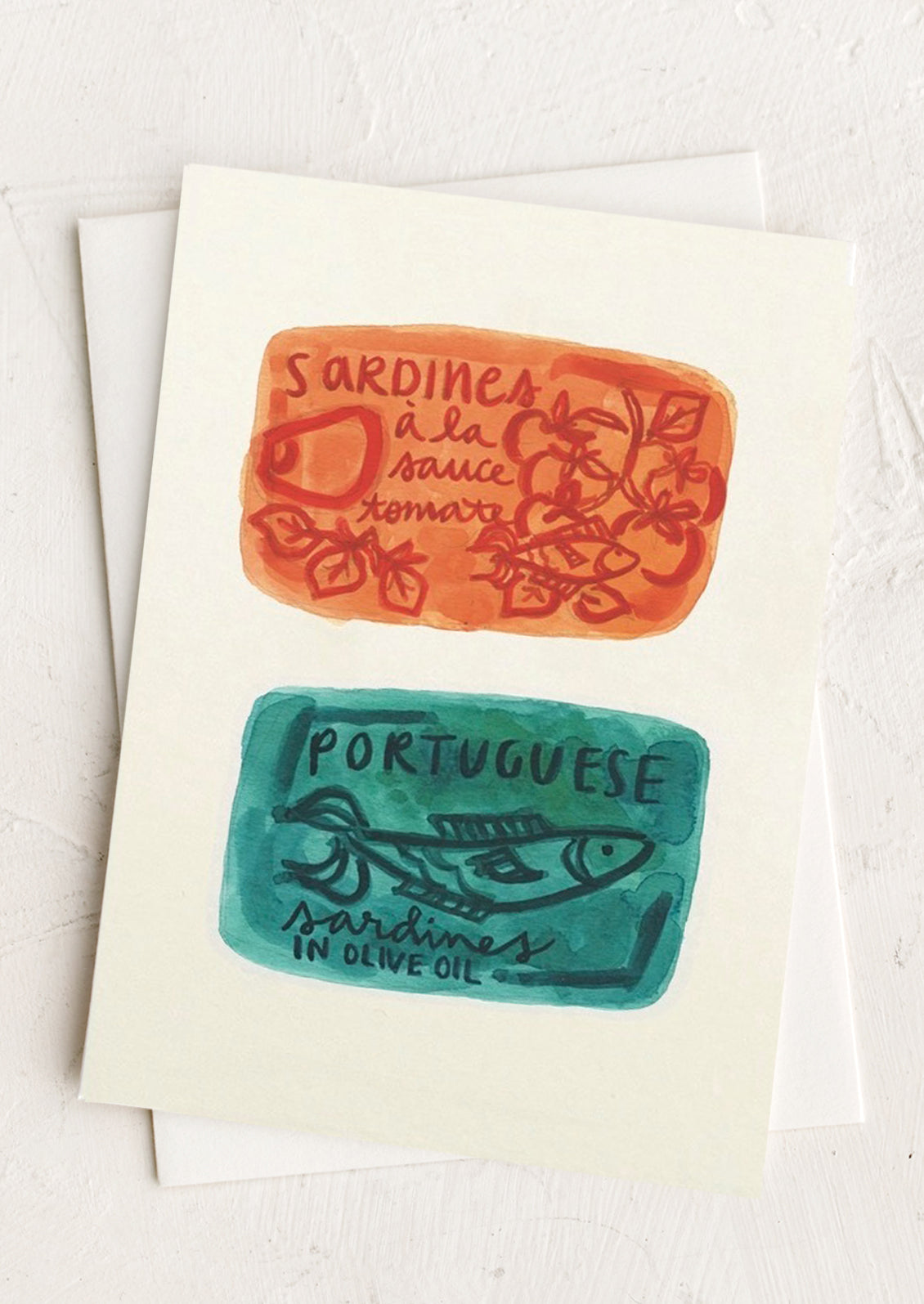 A blank card with illustration of orange and teal sardine tins.