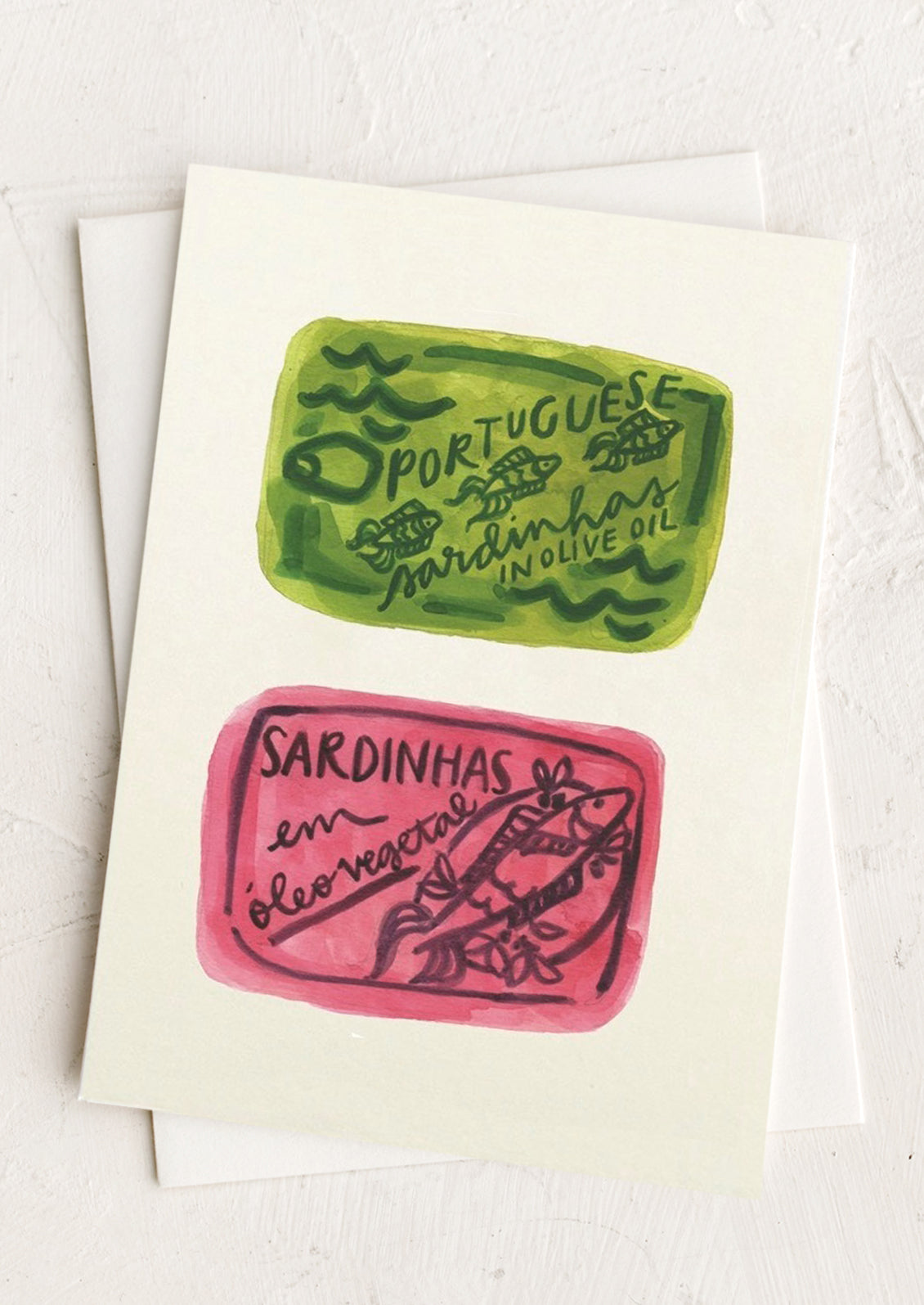 A blank card with illustration of pink and green sardine tins.