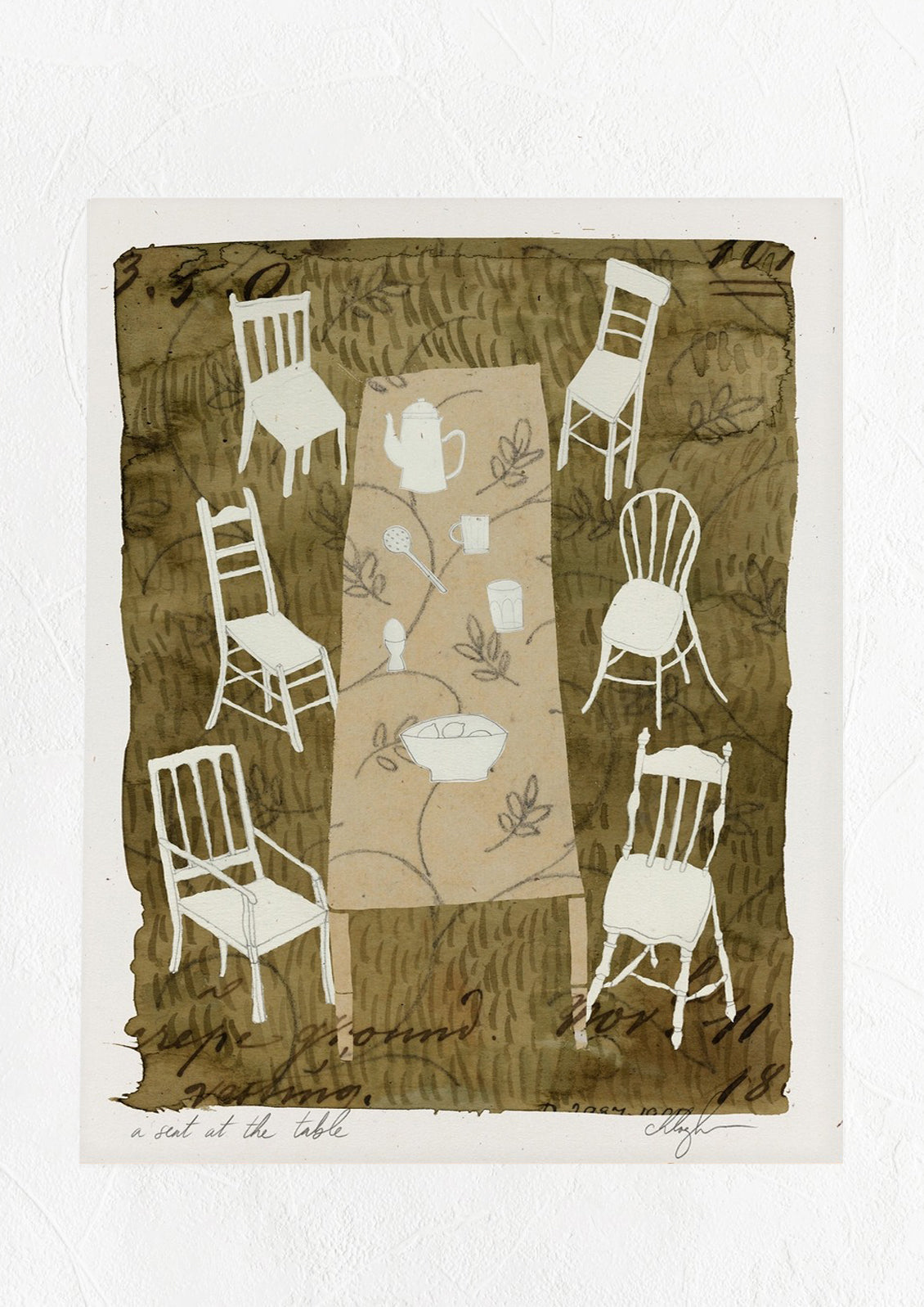 An art print with olive green background, illustration of long dining table with different chairs surrounding it.