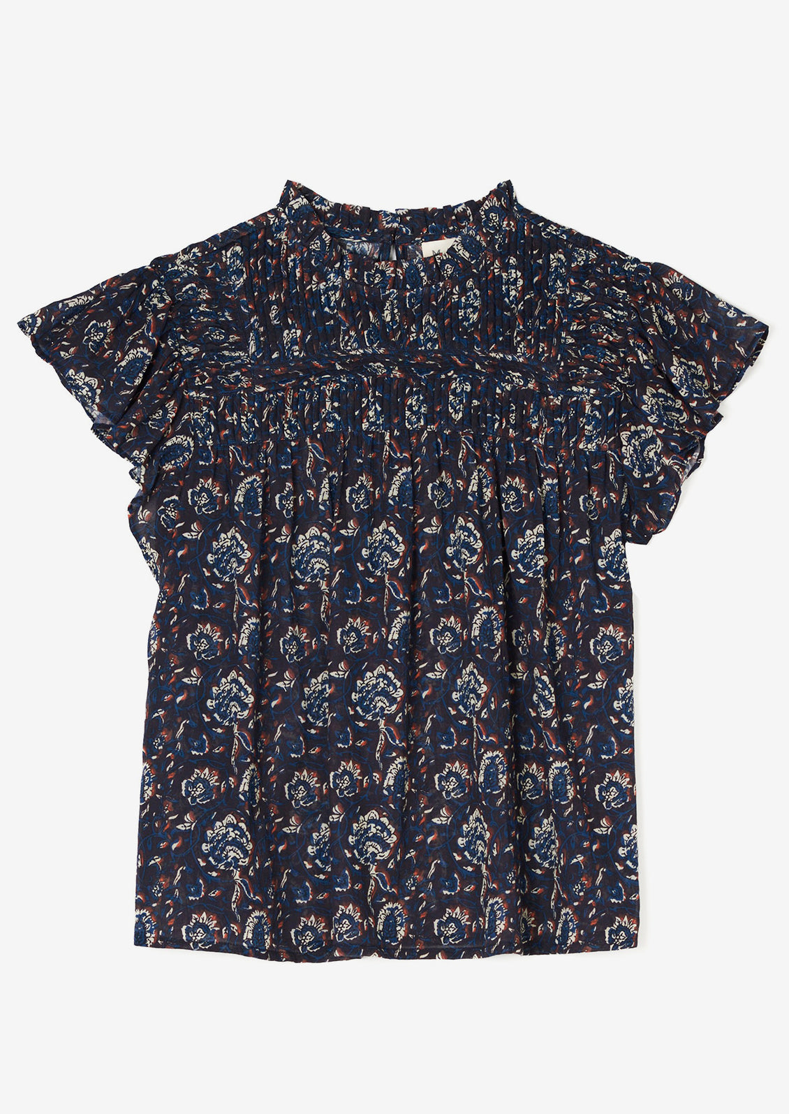 A blue, white and rust floral printed flutter sleeve top.