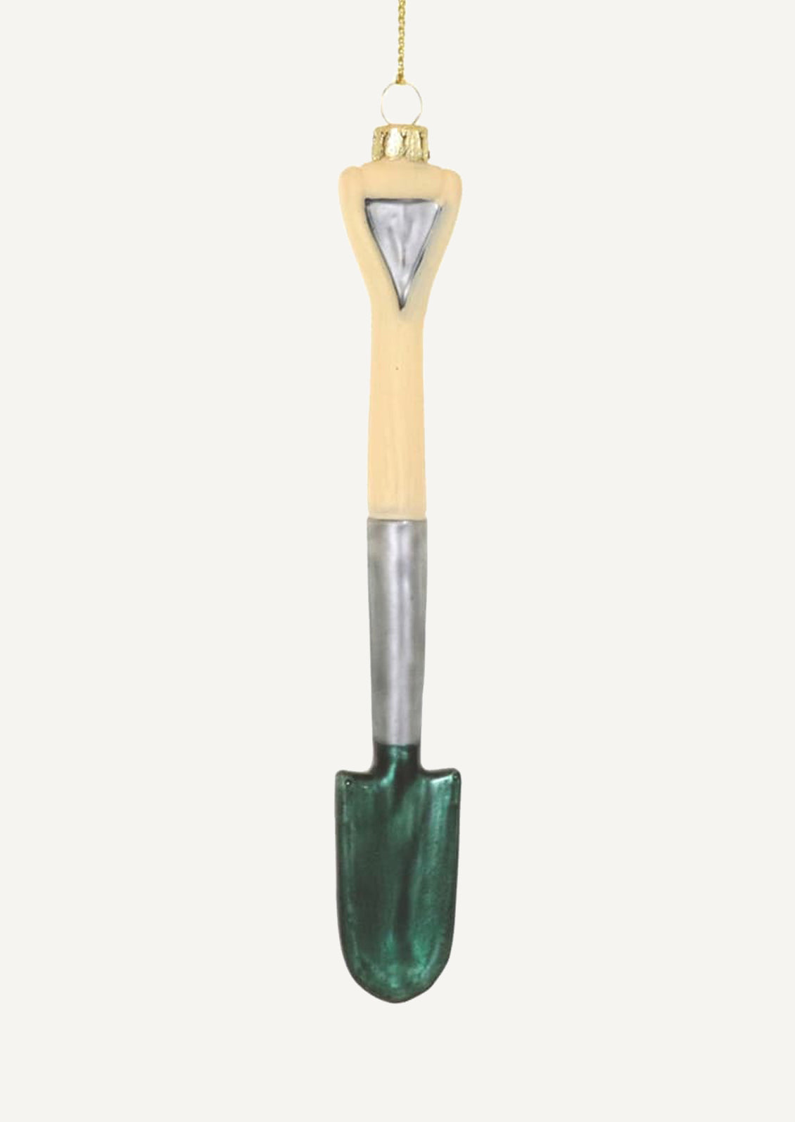 A glass ornament resembling a garden spade.