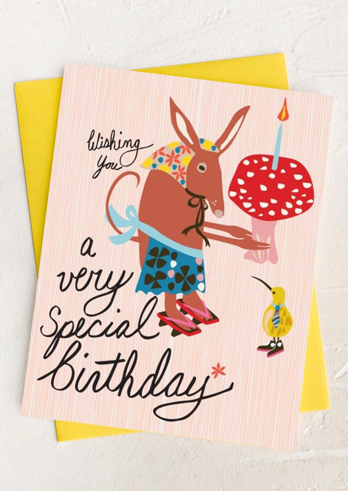 A card with image of aardvark, text reads "Wishing you a very special birthday".