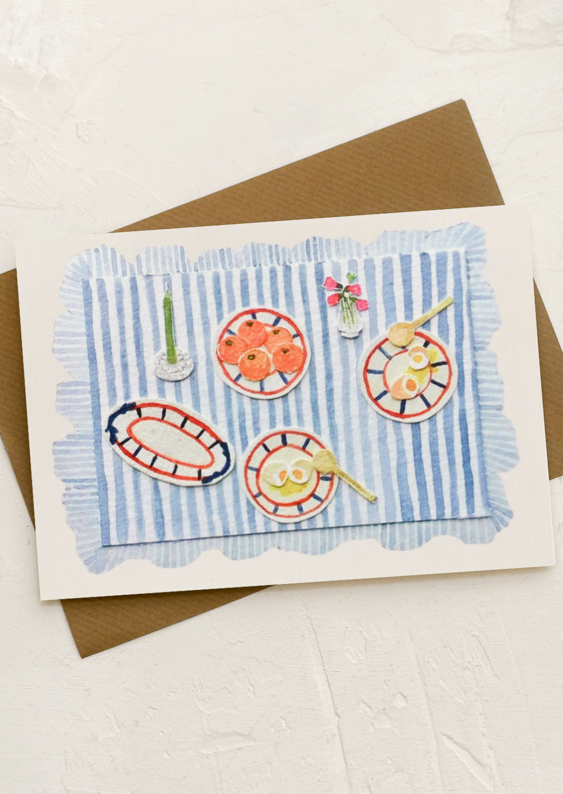 A greeting card with collage still life scene of breakfast items.