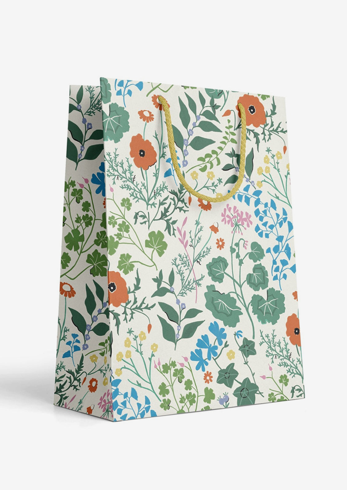 A printed gift bag with colorful botanical print;