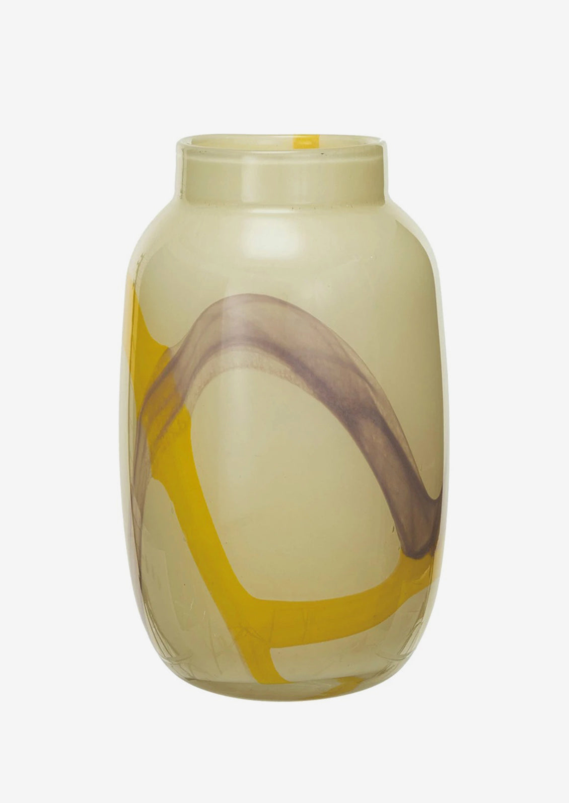 A pale yellow glass vase with bright yellow and lavender paint streaks.