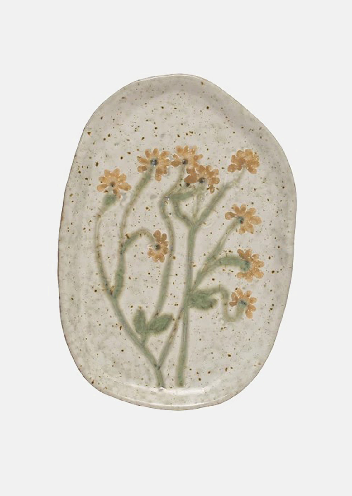 Ceramic plates in asymmetrical shapes with wildflower patterns.