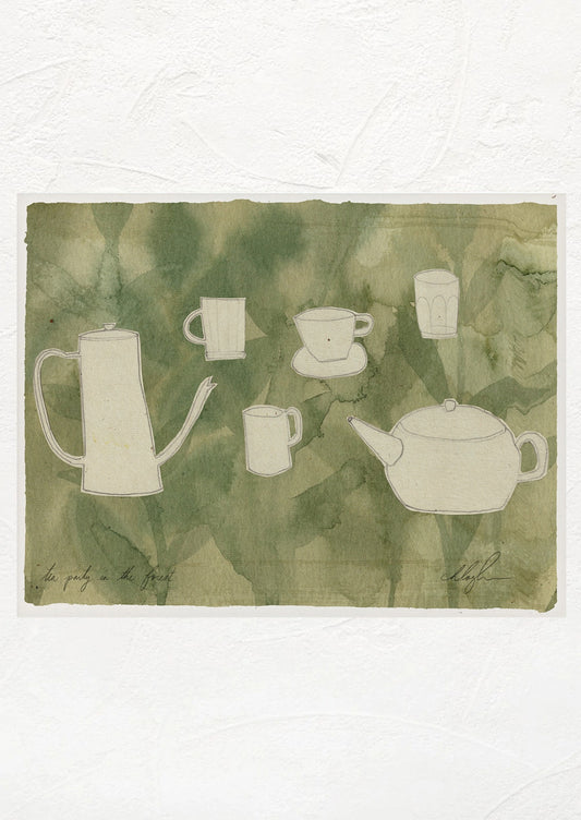 An art print with green background, illustrations of different teapots and tea cups.