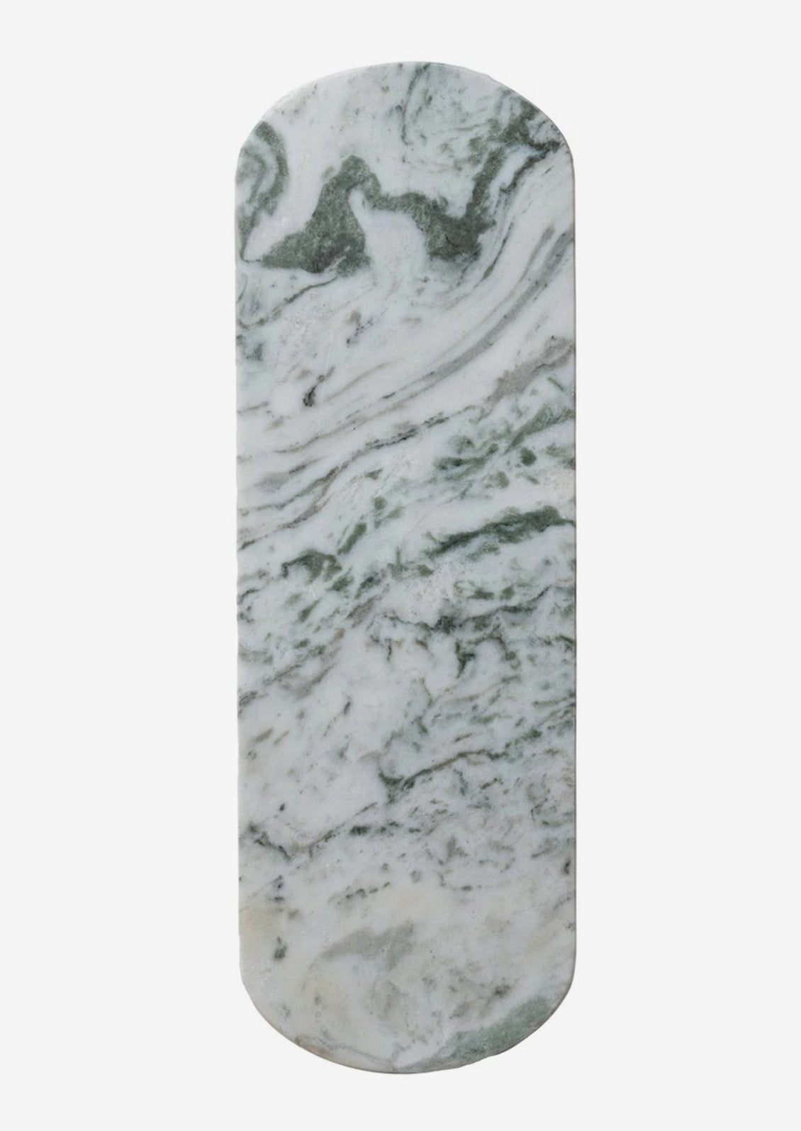 An elongated oval shaped serving platter in green and white marble.