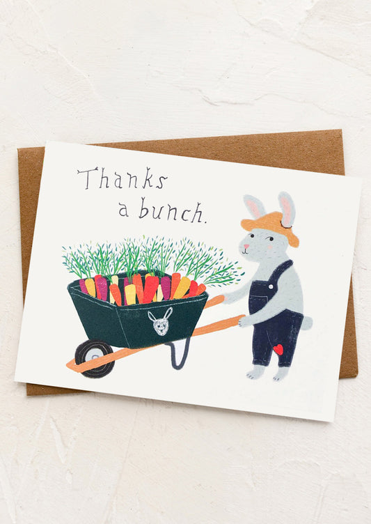 A card with illustration of rabbit and carrots, text reads "Thanks a bunch".