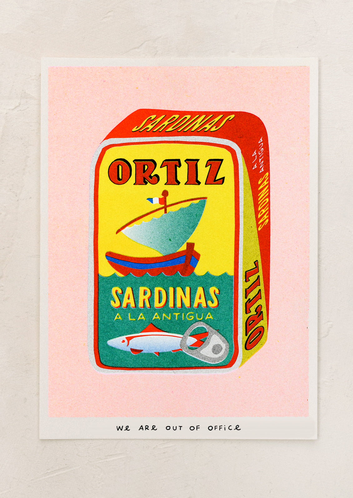 A risograph art print of tin of Spanish sardines on light pink background.