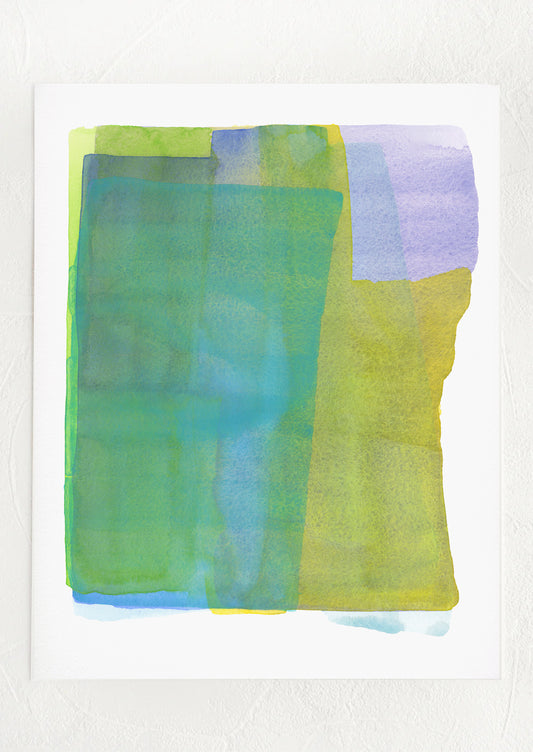 A watercolor art print with abstract, layered color form in shades of green and blue.