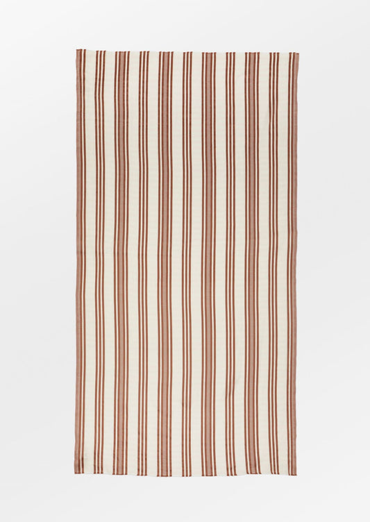 A cream cotton scarf with vertical brown stripe pattern.