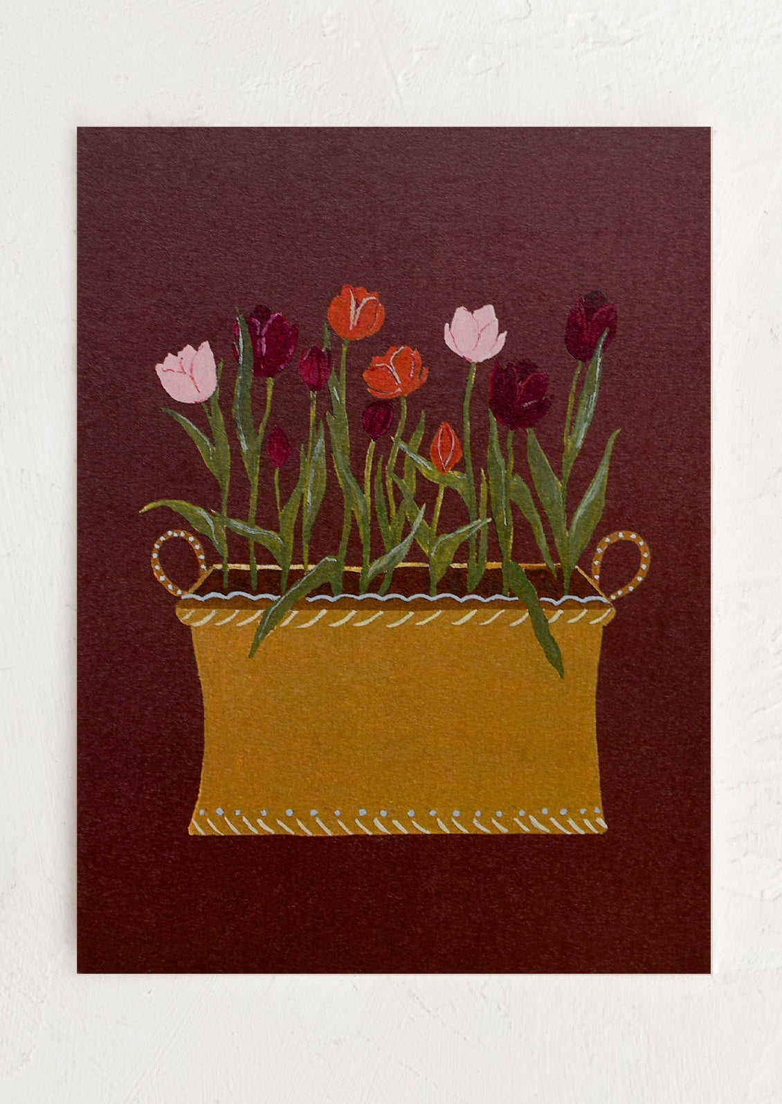 An illustrated art print of tulips in planter box on dark burgundy background.