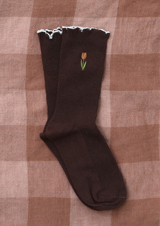 Brown cotton socks with pink embroidered tulip.