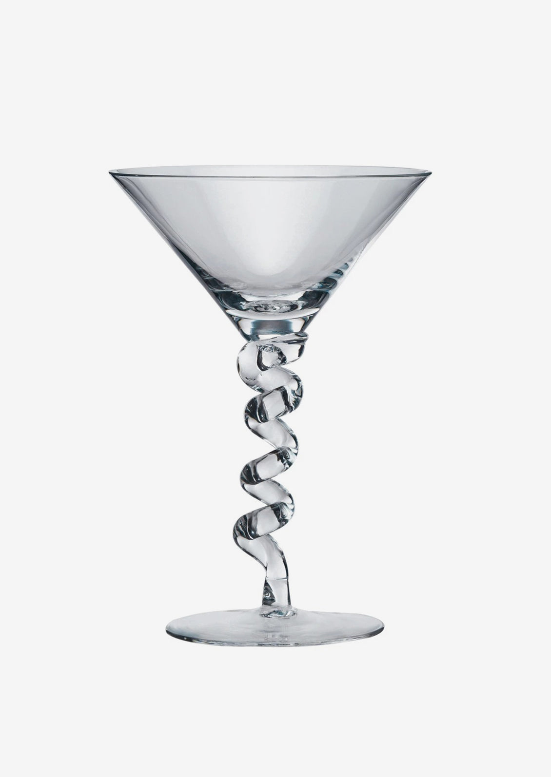 A clear martini glass with twisted stem shape.