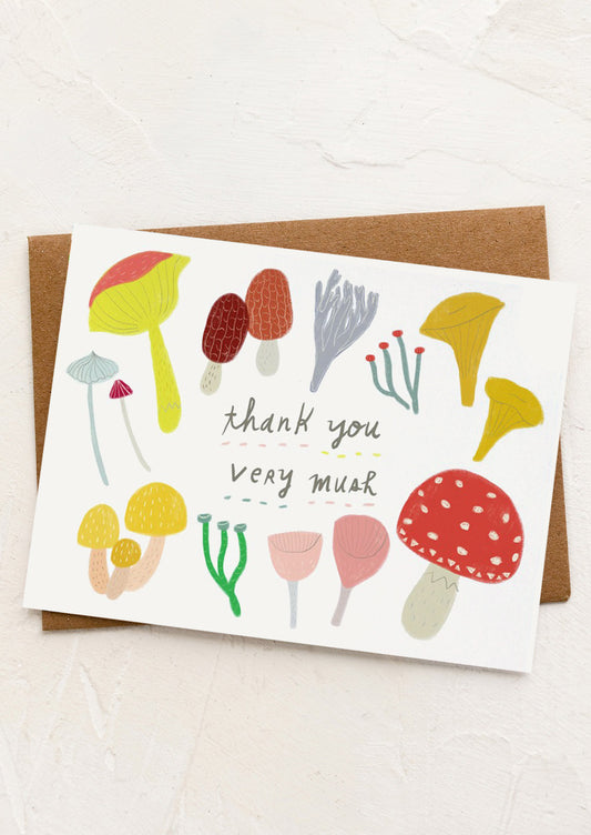 A mushroom print card, text reads "Thank you very mush".