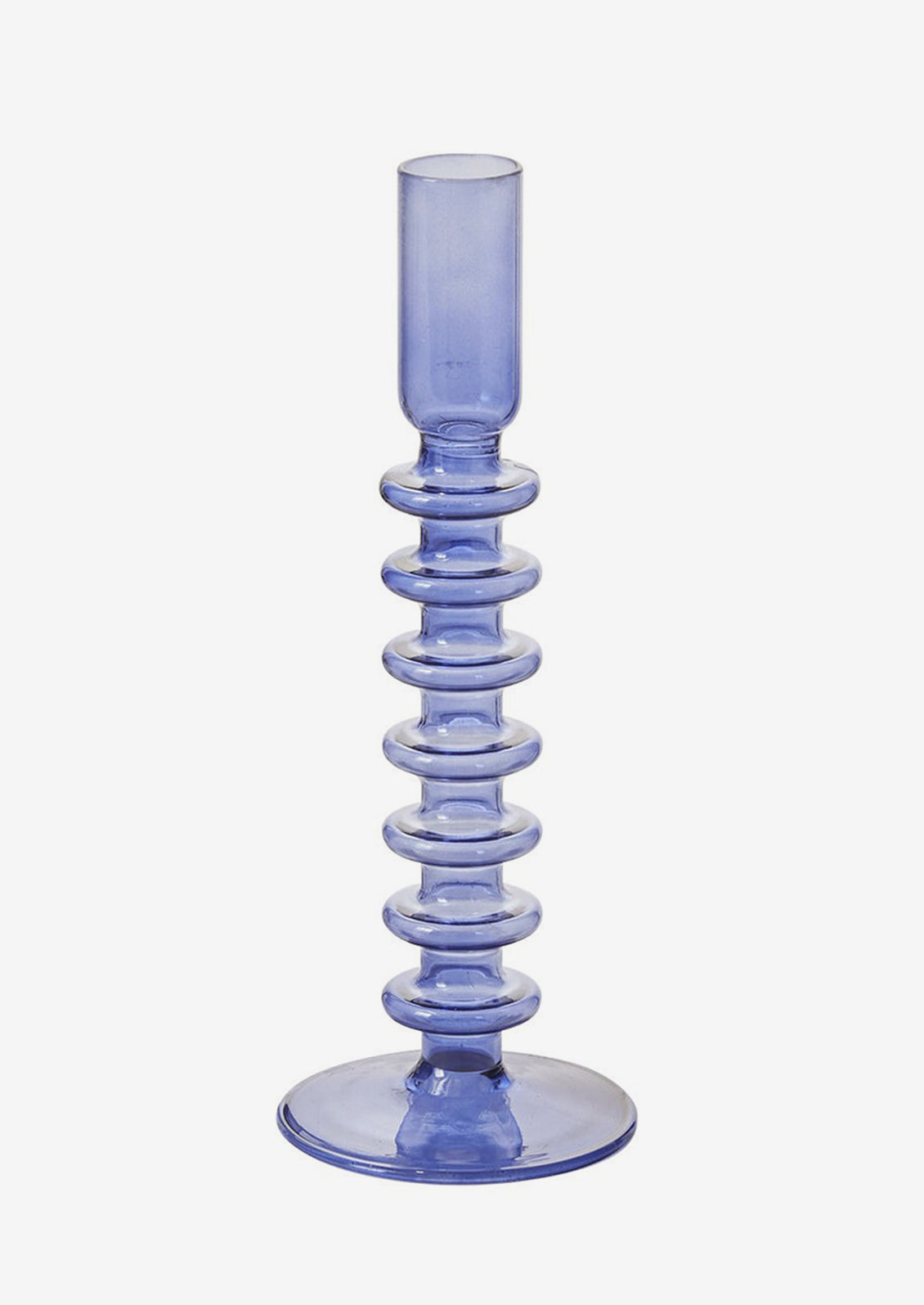 A glass handle holder in muted violet hue with ribbed stem.