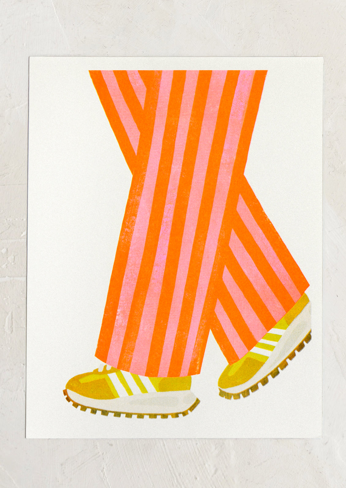 A risograph art print of neon striped pants and sneakers walking.