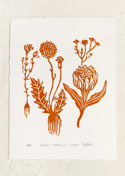 Marigold Flowers Linoleum Block Print Hand Printed on 5x7 Paper 