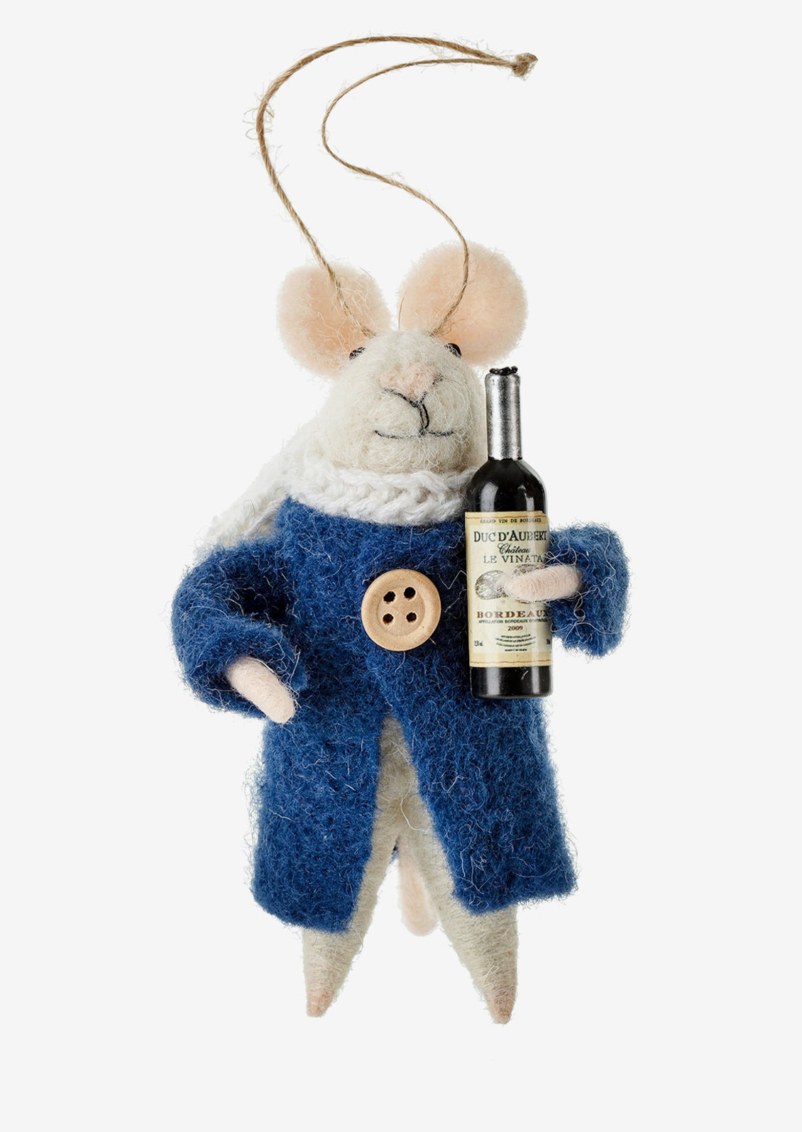 A felted white mouse ornament wearing blue coat and carrying a bottle of wine.