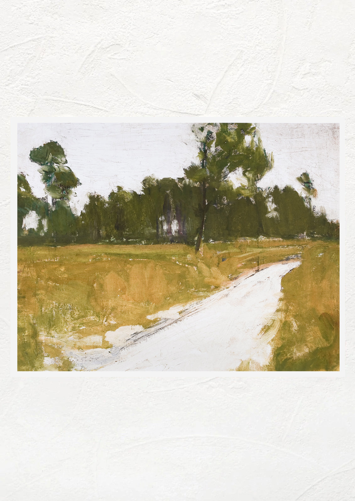 An art print of painting of road along the woods.