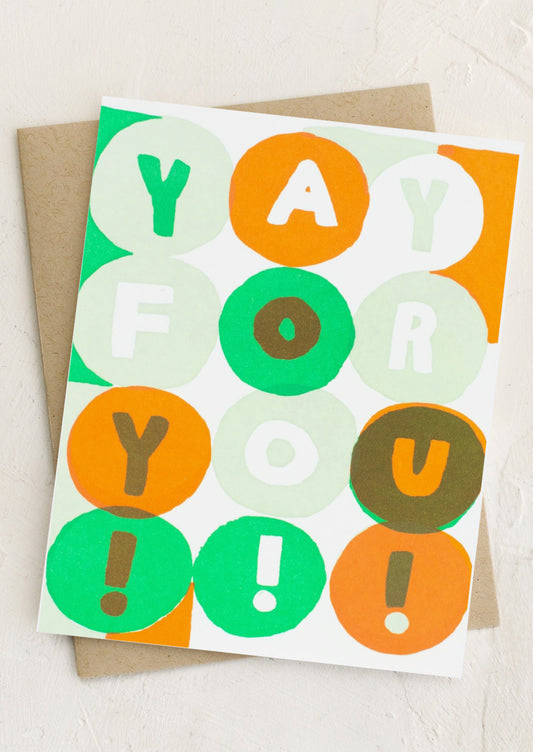 A greeting card reading "YAY FOR YOU!".